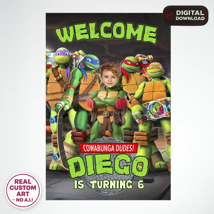 Teenage Mutant Ninja Turtles Welcome Sign with Photo – Personalized 16×24 Vertical (24 h Delivery) – Digital Download