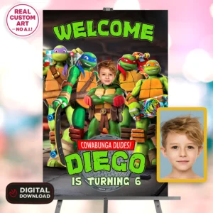 Teenage Mutant Ninja Turtles Welcome Sign with Photo – Personalized 16×24 Vertical (24 h Delivery) – Digital Download