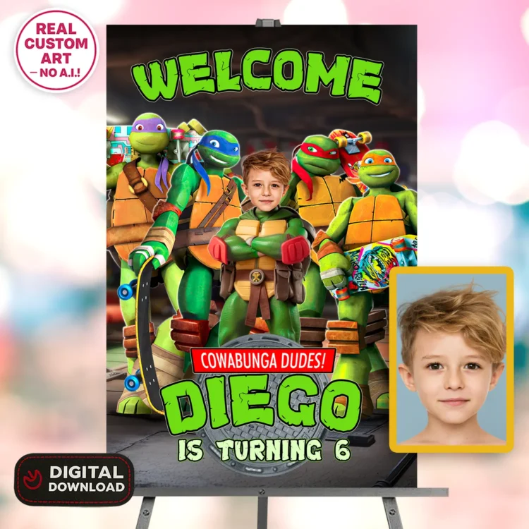 Teenage Mutant Ninja Turtles Welcome Sign with Photo – Personalized 16×24 Vertical (24 h Delivery) – Digital Download