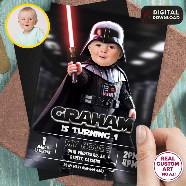 Star Wars Baby Vader Birthday Invitation with Photo – Personalized Star Wars 1st Birthday Card (24h Delivery) – Digital Download