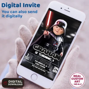 Star Wars Baby Vader Birthday Invitation with Photo – Personalized Star Wars 1st Birthday Card (24h Delivery) – Digital Download