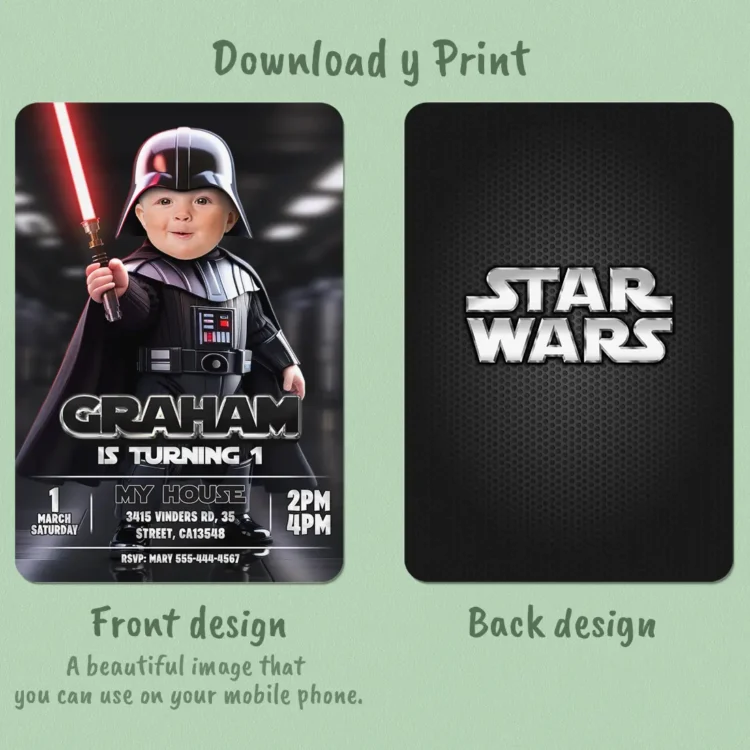 Star Wars Baby Vader Birthday Invitation with Photo – Personalized Star Wars 1st Birthday Card (24h Delivery) – Digital Download