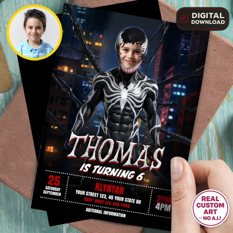 Venom Birthday Photo Invitation – Personalized Venom Party Card (24h Delivery) – Digital Download