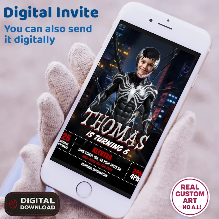 Venom Birthday Photo Invitation – Personalized Venom Party Card (24h Delivery) – Digital Download