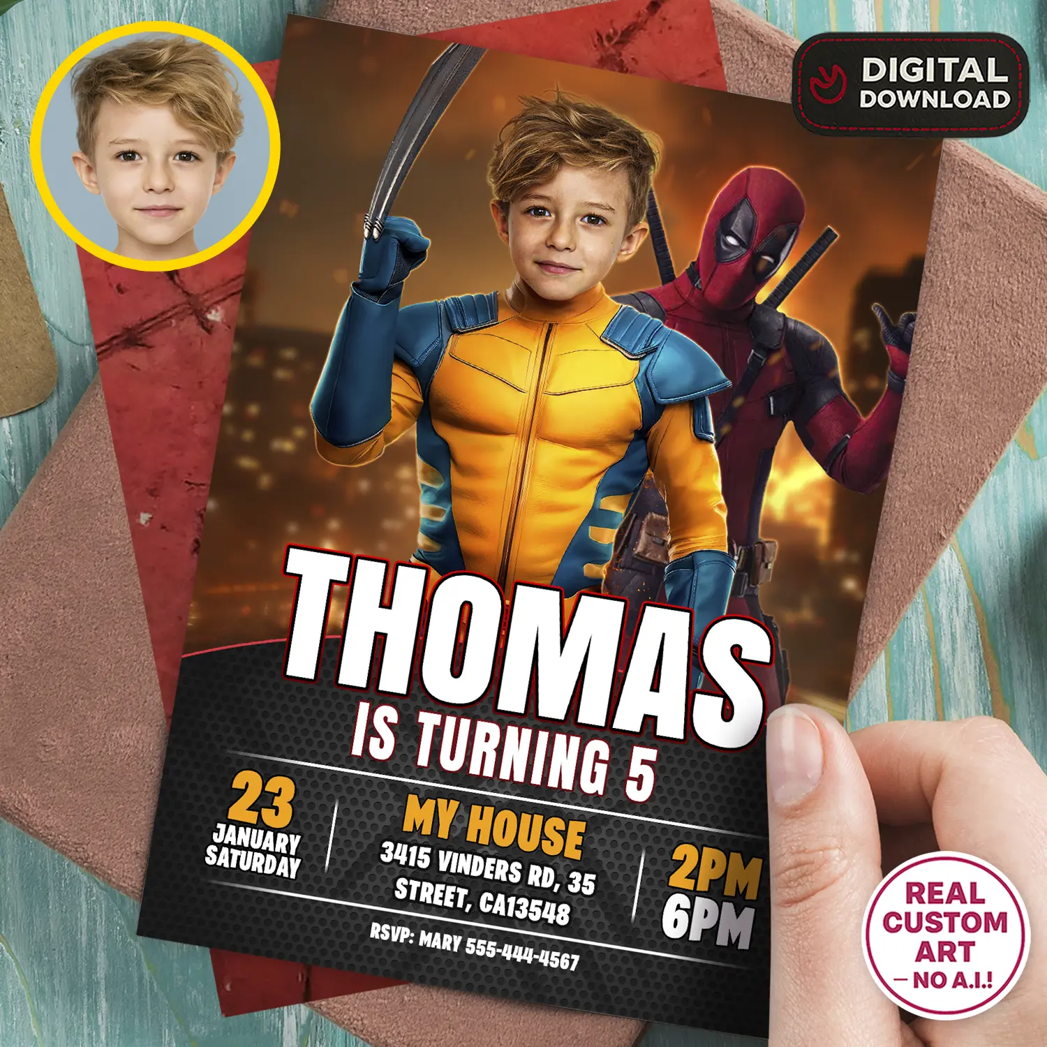 Wolverine Birthday Invitation with Photo – Personalized Superhero Photo Card (24h Delivery) – Digital Download