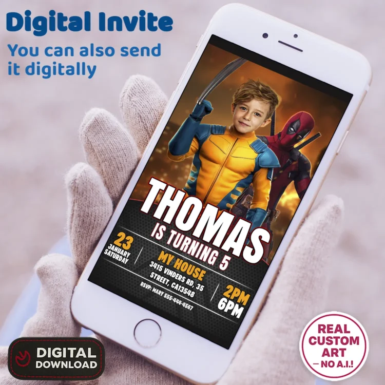 Wolverine Birthday Invitation with Photo – Personalized Superhero Photo Card (24h Delivery) – Digital Download