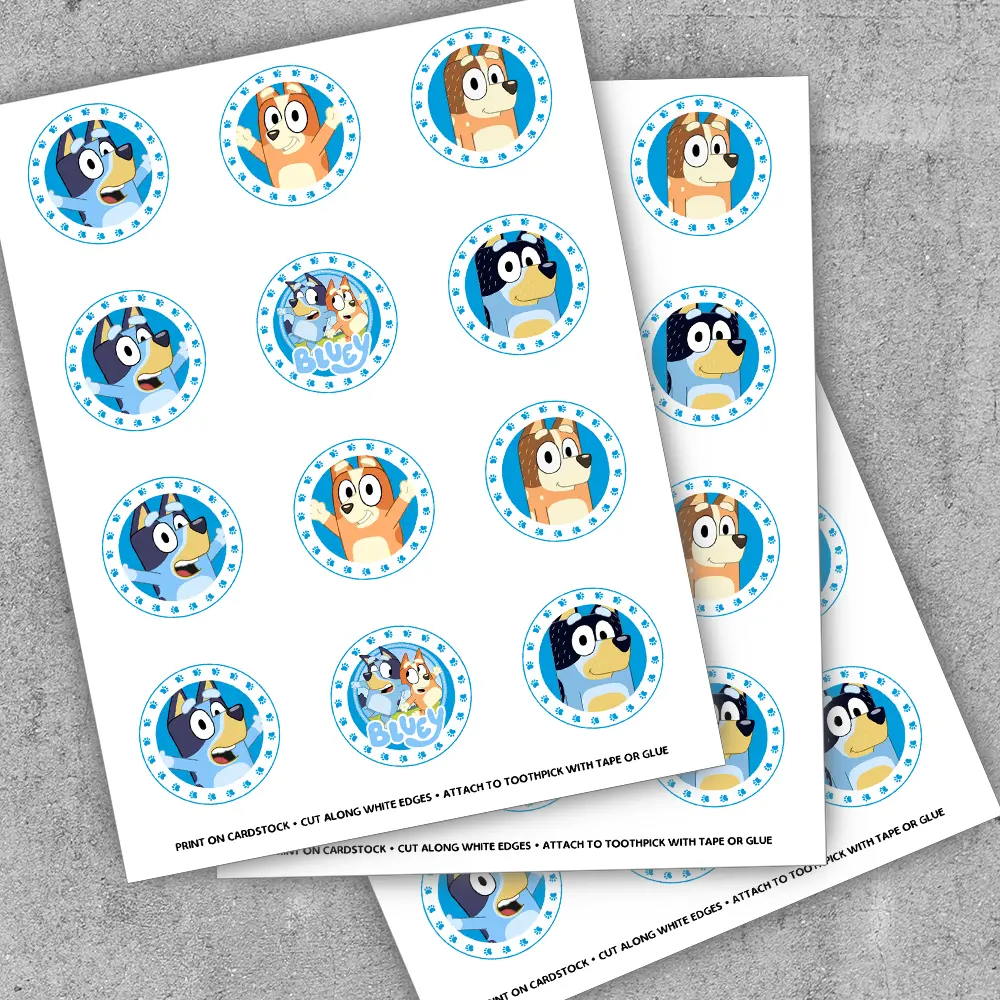 Close-up of 2-inch Bluey toppers with playful shapes in cheerful blue tones