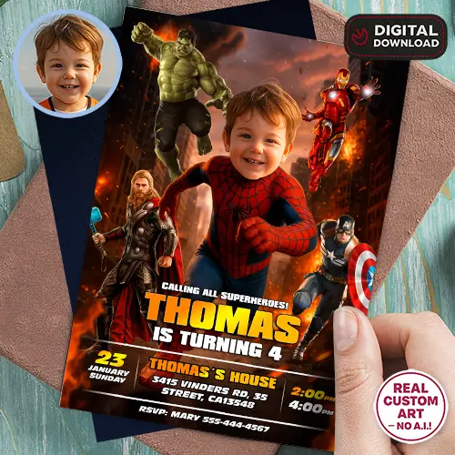 Personalized Spider-Man Birthday Invitation – photo invite with webs and city skyline