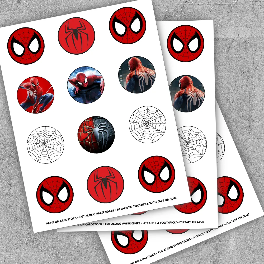Close-up of 2-inch Spider-Man toppers with masks, webs and comic details