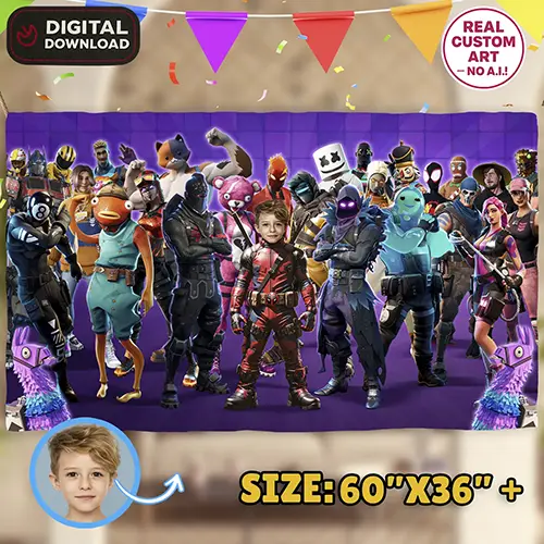 Printable Fortnite Birthday Banner with neon icons and gamer patterns
