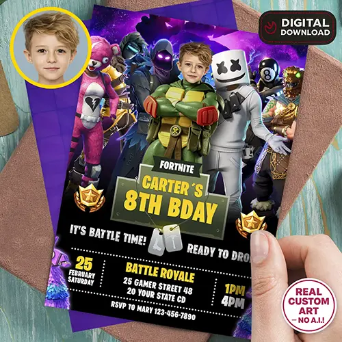 Personalized Fortnite Birthday Invitation – photo invite with neon gamer vibes