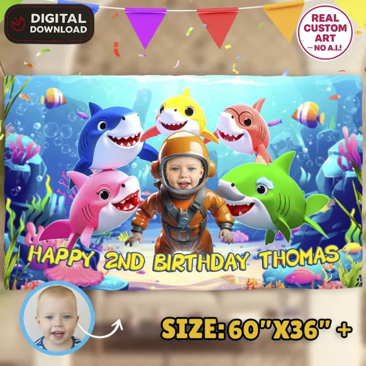 Baby Shark Birthday Banner with Photo – Personalized Under the Sea Decoration (24 h Delivery) – Digital Download
