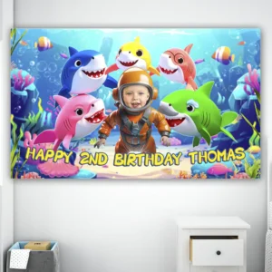 Baby Shark Birthday Banner with Photo – Personalized Under the Sea Decoration (24 h Delivery) – Digital Download