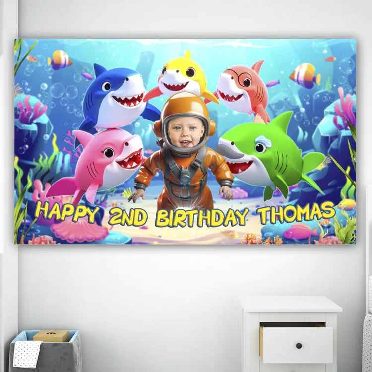 Baby Shark Birthday Banner with Photo – Personalized Under the Sea Decoration (24 h Delivery) – Digital Download