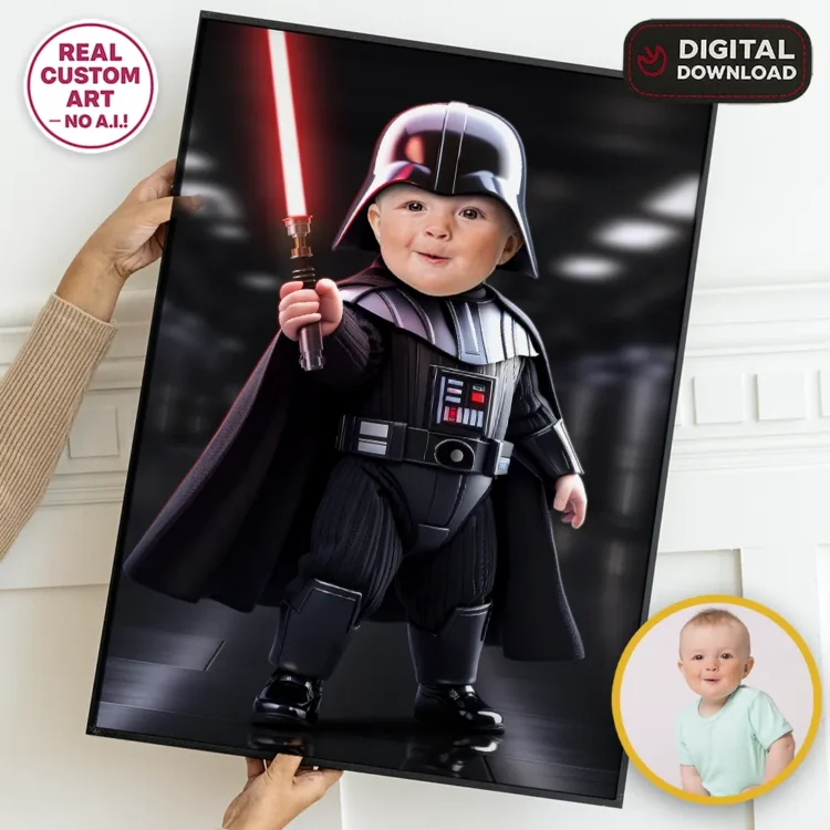 Baby Vader Personalized Portrait – Custom Galactic Cutie Dark Side Art – Perfect for 1st and 2nd Birthdays – Ready in 24h – Digital Download