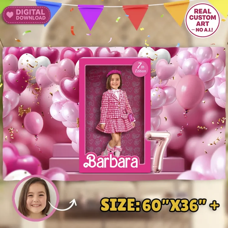 Barbie Birthday Banner with Photo – Personalized Doll Box Decoration (24 h Delivery) – Digital Download