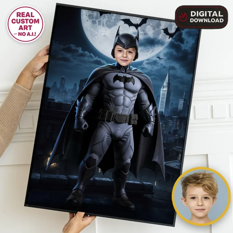 Batman Personalized Portrait for Kids – Custom Superhero Art – Ready in 24h – Digital Download