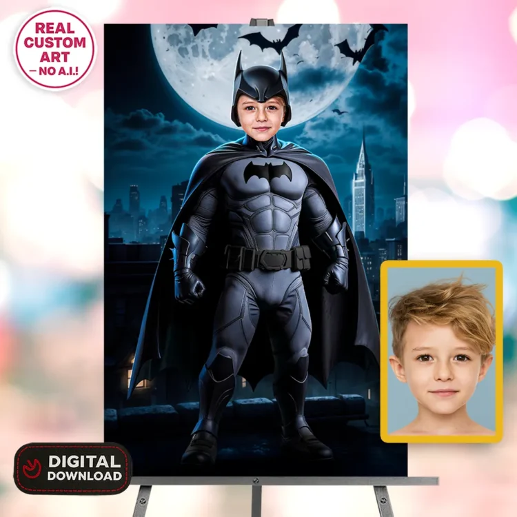 Batman Personalized Portrait for Kids – Custom Superhero Art – Ready in 24h – Digital Download