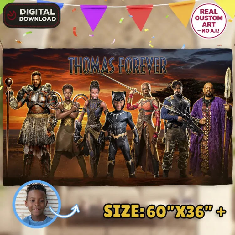 Black Panther Birthday Banner with Photo – Personalized Superhero Decoration (24 h Delivery) – Digital Download