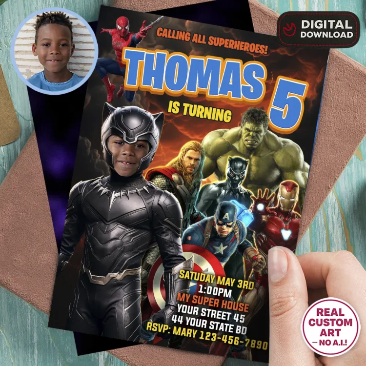 personalized-black-panther-photo-invitation-and-party-deco-avengers-kids-birthday-party-superhero-birthday-1 Black Panther Photo Invitation – Personalized Superhero Design (24h Delivery) – Digital Download