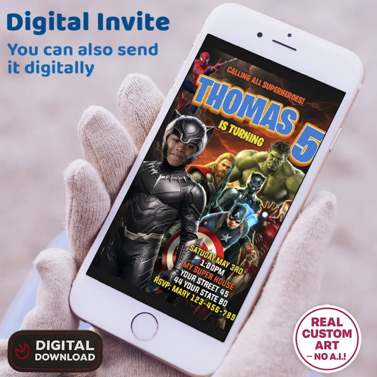 personalized-black-panther-photo-invitation-and-party-deco-avengers-kids-birthday-party-superhero-birthday-2 Black Panther Photo Invitation – Personalized Superhero Design (24h Delivery) – Digital Download
