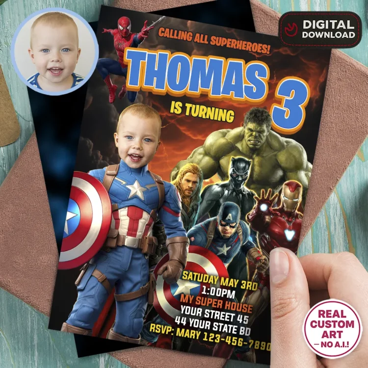 personalized-captain-america-photo-invitation-and-party-deco-captain-america-kids-birthday-superhero-photo-card-avengers-1 Captain America Photo Invitation – Personalized Superhero Design (24h Delivery) – Digital Download