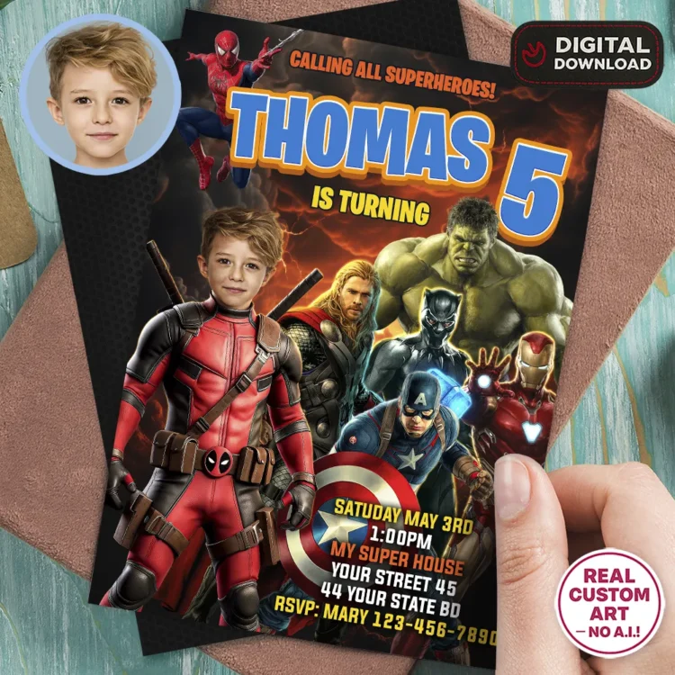 personalized-dead-pool-photo-invitation-and-party-deco-dead-pool-kids-birthday-party-kids-avengers-party-1 Deadpool Photo Invitation Kids