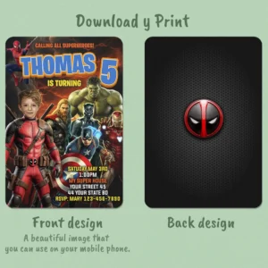 personalized-dead-pool-photo-invitation-and-party-deco-dead-pool-kids-birthday-party-kids-avengers-party Deadpool Photo Invitation Kids – Personalized SuperHero Card (24h Delivery) – Digital Download