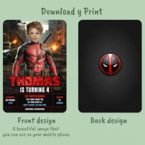 Deadpool Birthday Photo Invitation Kids – Personalized SuperHero Card (24h Delivery) – Digital Download