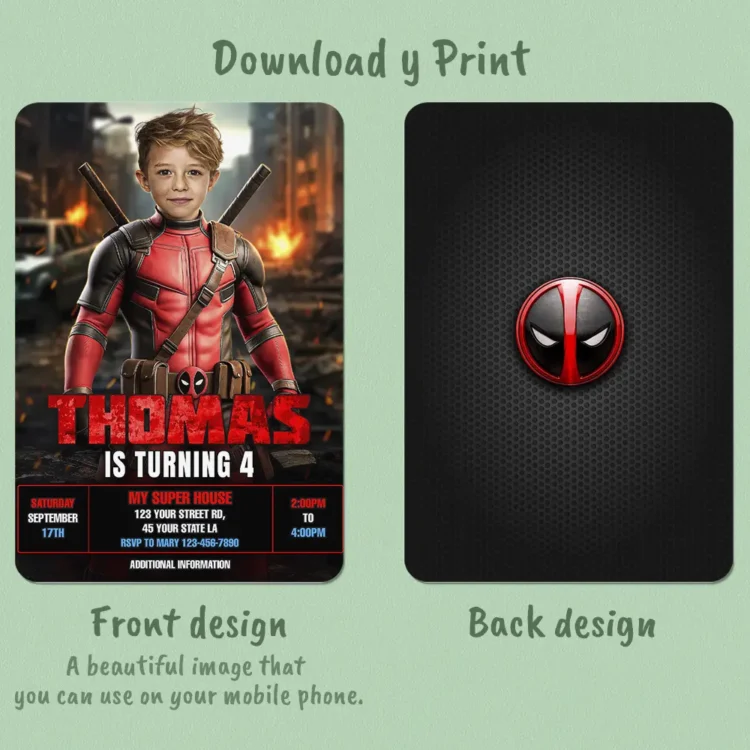 Deadpool Birthday Photo Invitation Kids – Personalized SuperHero Card (24h Delivery) – Digital Download