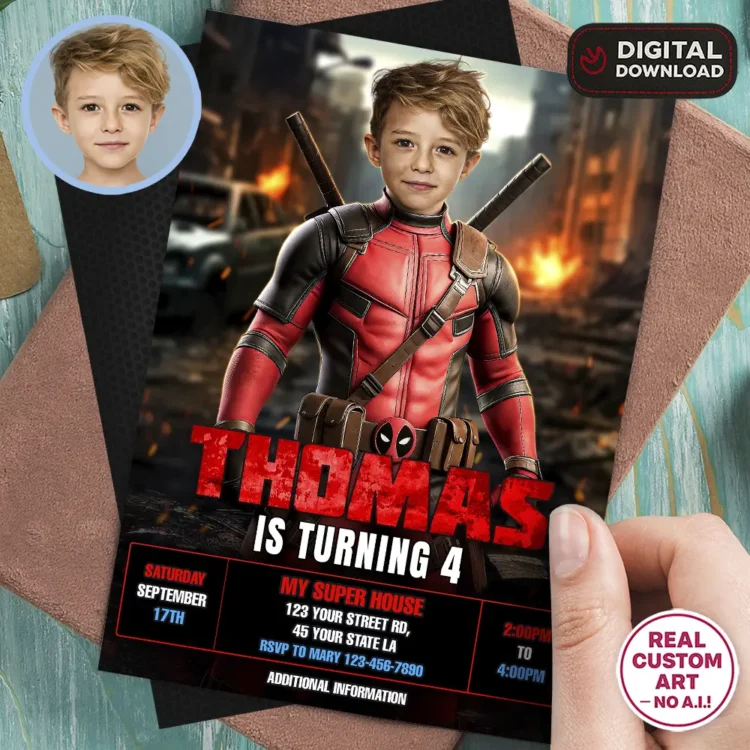 Deadpool Birthday Photo Invitation Kids – Personalized SuperHero Card (24h Delivery) – Digital Download
