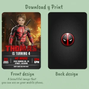 Deadpool Birthday Photo Invitation – Personalized SuperHero Card (24h Delivery) – Digital Download