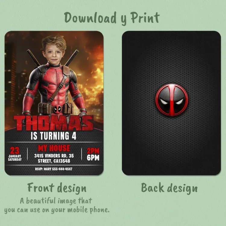 Deadpool Birthday Photo Invitation – Personalized SuperHero Card (24h Delivery) – Digital Download