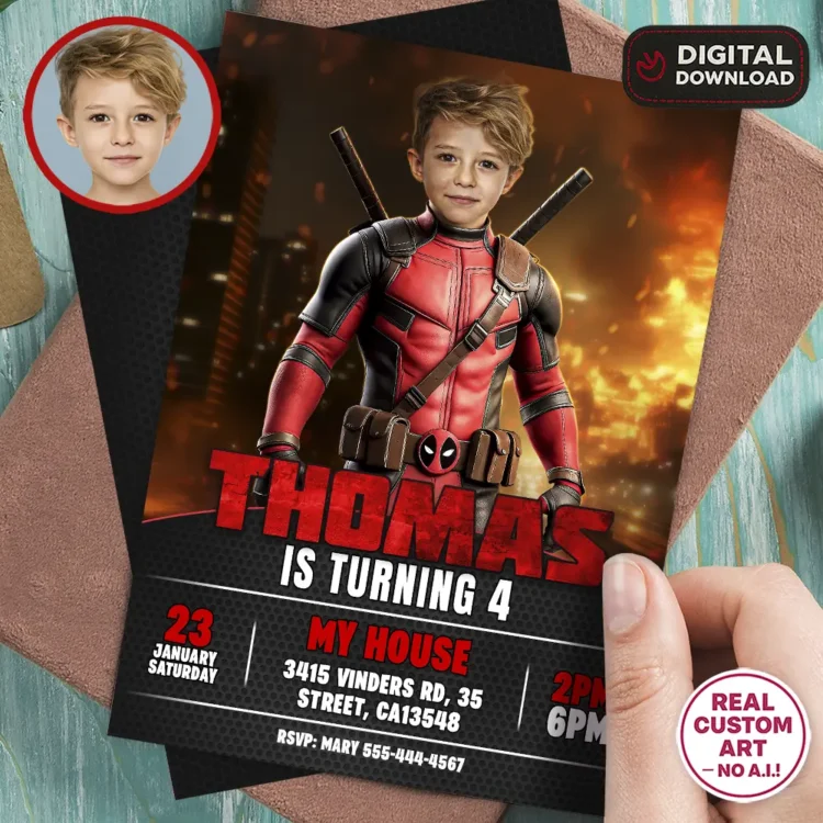 Deadpool Birthday Photo Invitation – Personalized SuperHero Card (24h Delivery) – Digital Download