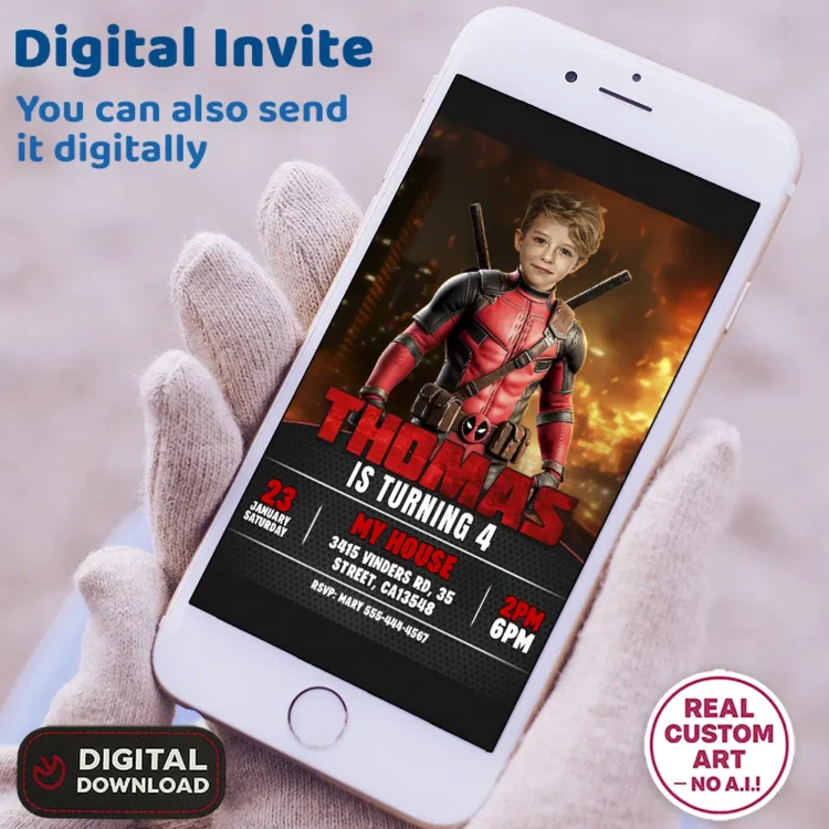 Deadpool Birthday Photo Invitation – Personalized SuperHero Card (24h Delivery) – Digital Download