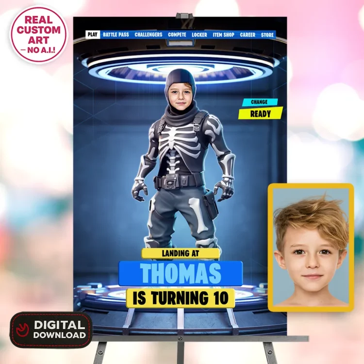 Custom Fortnite Welcome Sign with Photo – Personalized Gamer Party Decorations (24h Delivery) – Digital Download