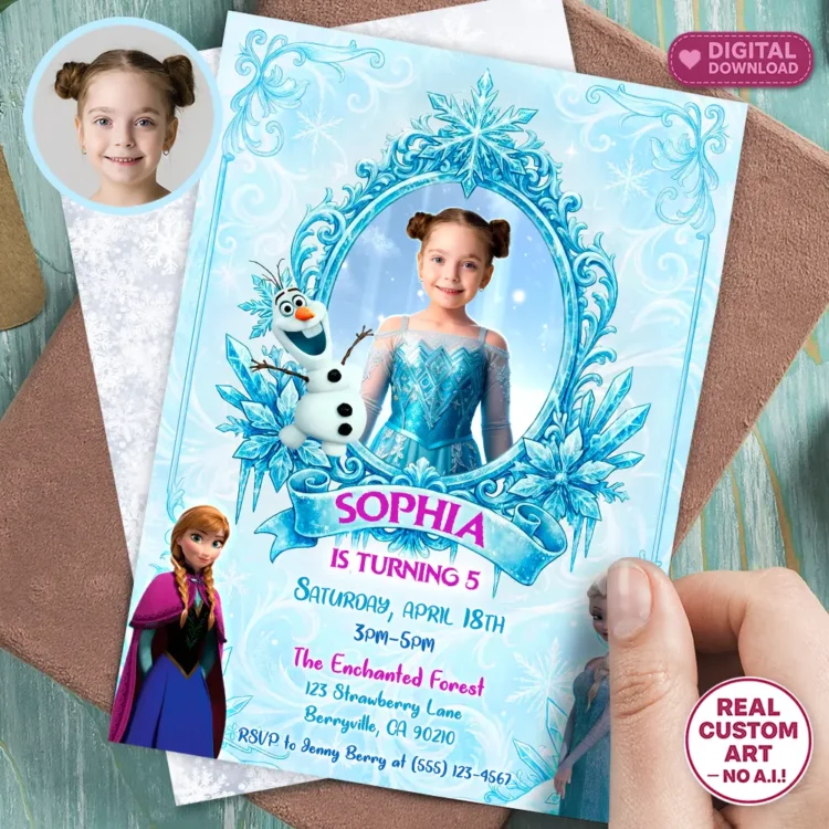 Frozen Birthday Photo Invitation – Personalized Princess Card (24h Delivery) – Digital Download