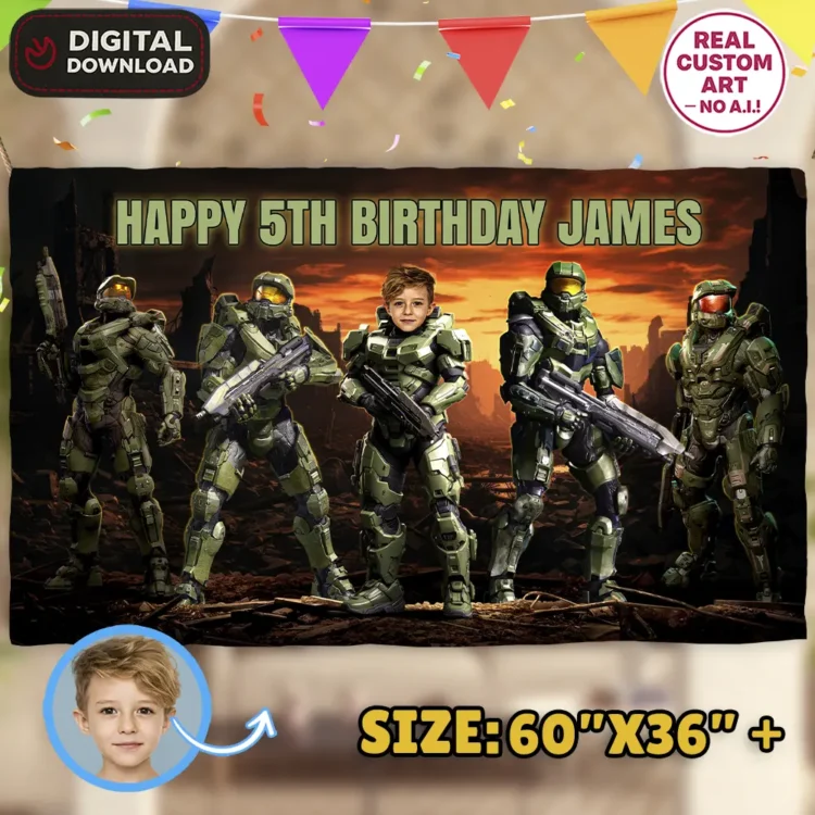 Halo Birthday Banner with Photo – Personalized Gamer Party Decoration (24 h Delivery) – Digital Download