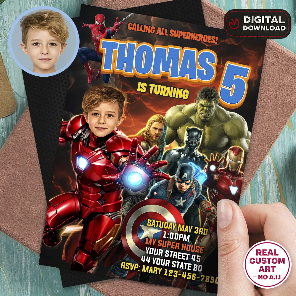 Iron Man Invitation with Photo – Personalized Avengers Superhero Design (24h Delivery) – Digital Download