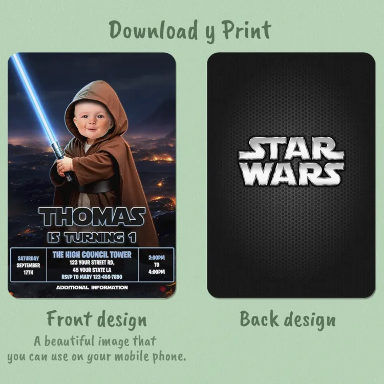 Star Wars Jedi Birthday Invitation with Photo – Baby Jedi Birthday Photo Invitation (24h Delivery) – Digital Download