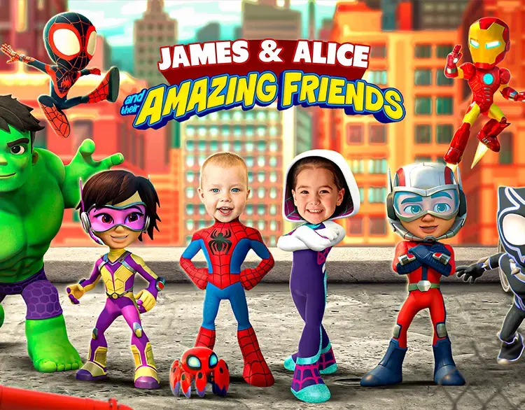 Superhero poster with multiple kids photo-personalized in matching theme