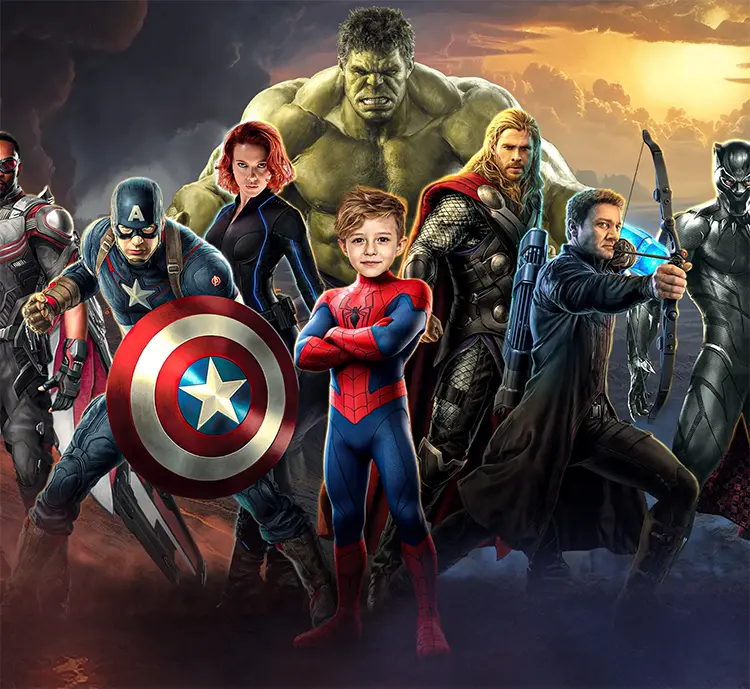 Superhero party set: invitation, welcome sign, and banner with photo-personalization