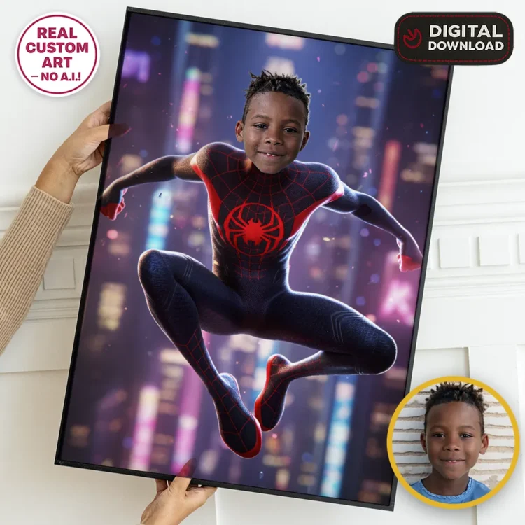 Miles Morales Personalized Portrait for Kids – Custom Spider Hero Art – Ready in 24h – Digital Download