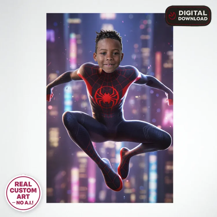 Miles Morales Personalized Portrait for Kids – Custom Spider Hero Art – Ready in 24h – Digital Download