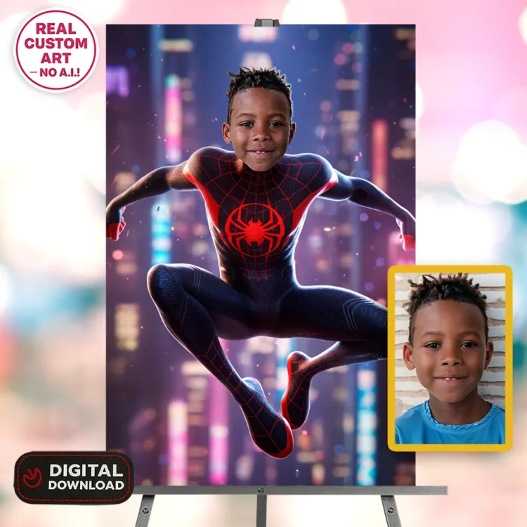 Miles Morales Personalized Portrait for Kids – Custom Spider Hero Art – Ready in 24h – Digital Download