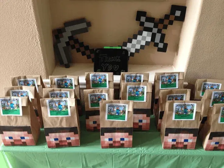 Table with Minecraft-style loot chests, Creeper bags, and pixel candy