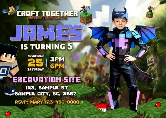 Invitation paired with matching pixel banner and welcome sign