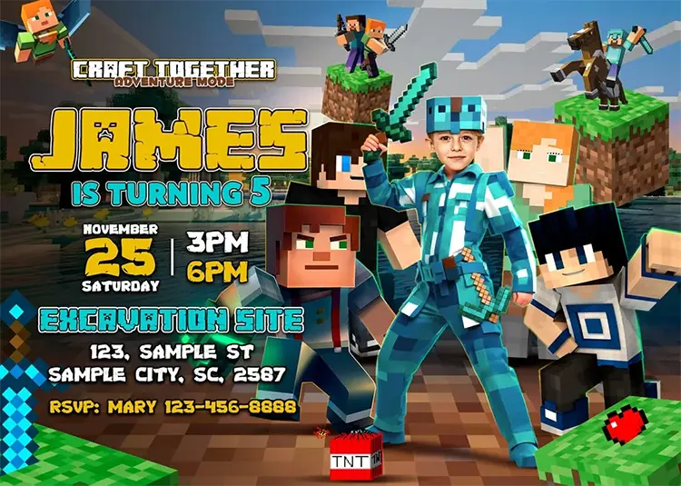 Personalized Minecraft invitation mockup with child photo integrated in a block-world scene