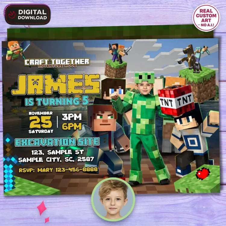 Minecraft Creeper Armor Birthday Invitation with Photo – Personalized Minecraft Photo Card (24h Delivery) – Digital Download