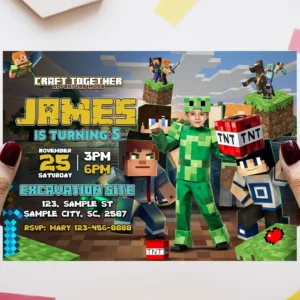 Minecraft Creeper Armor Birthday Invitation with Photo – Personalized Minecraft Photo Card (24h Delivery) – Digital Download
